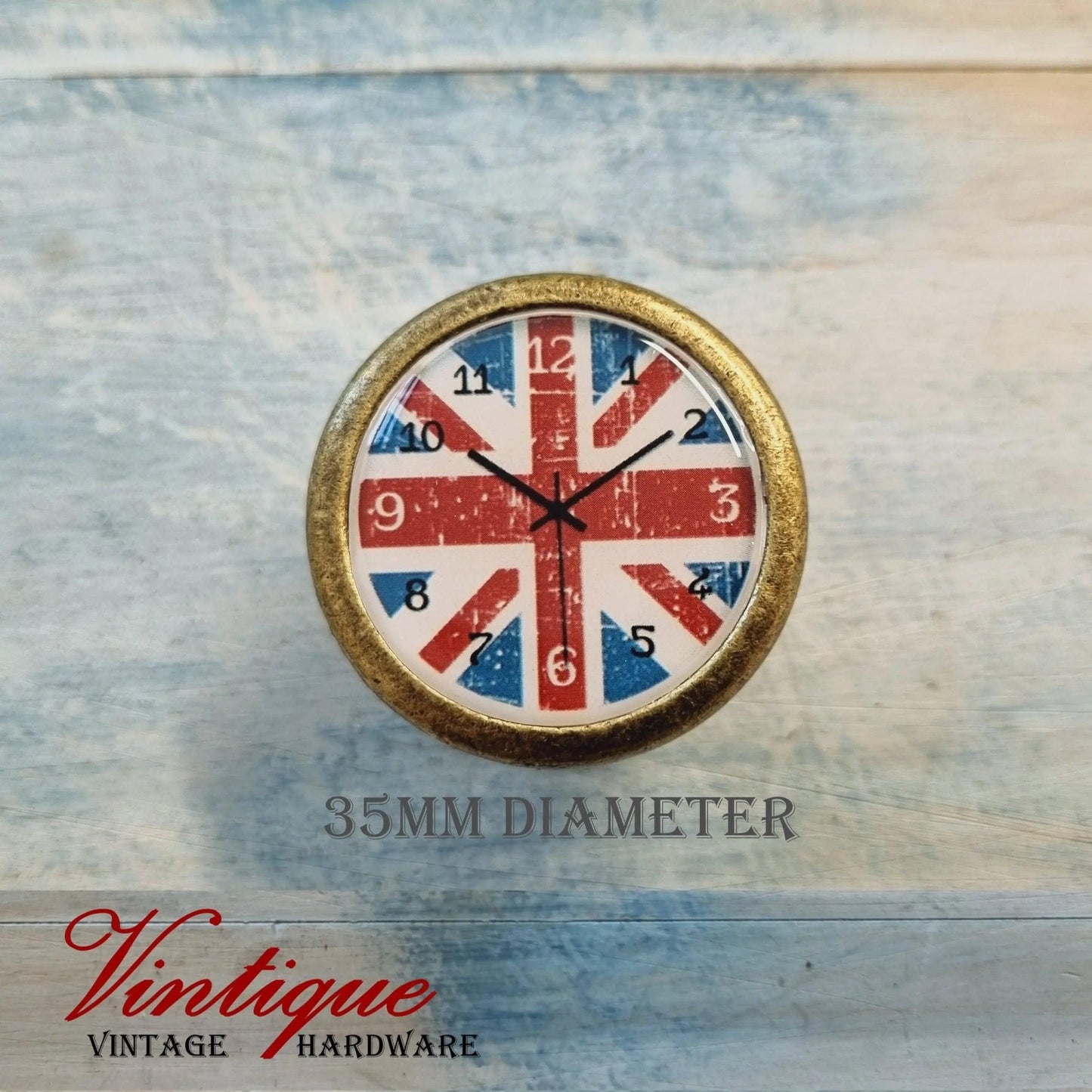 CLEARENCE PRICE-Vintage Union Jack Clock Furniture Glass/Alloy Knob 35mm-Vintique Concepts