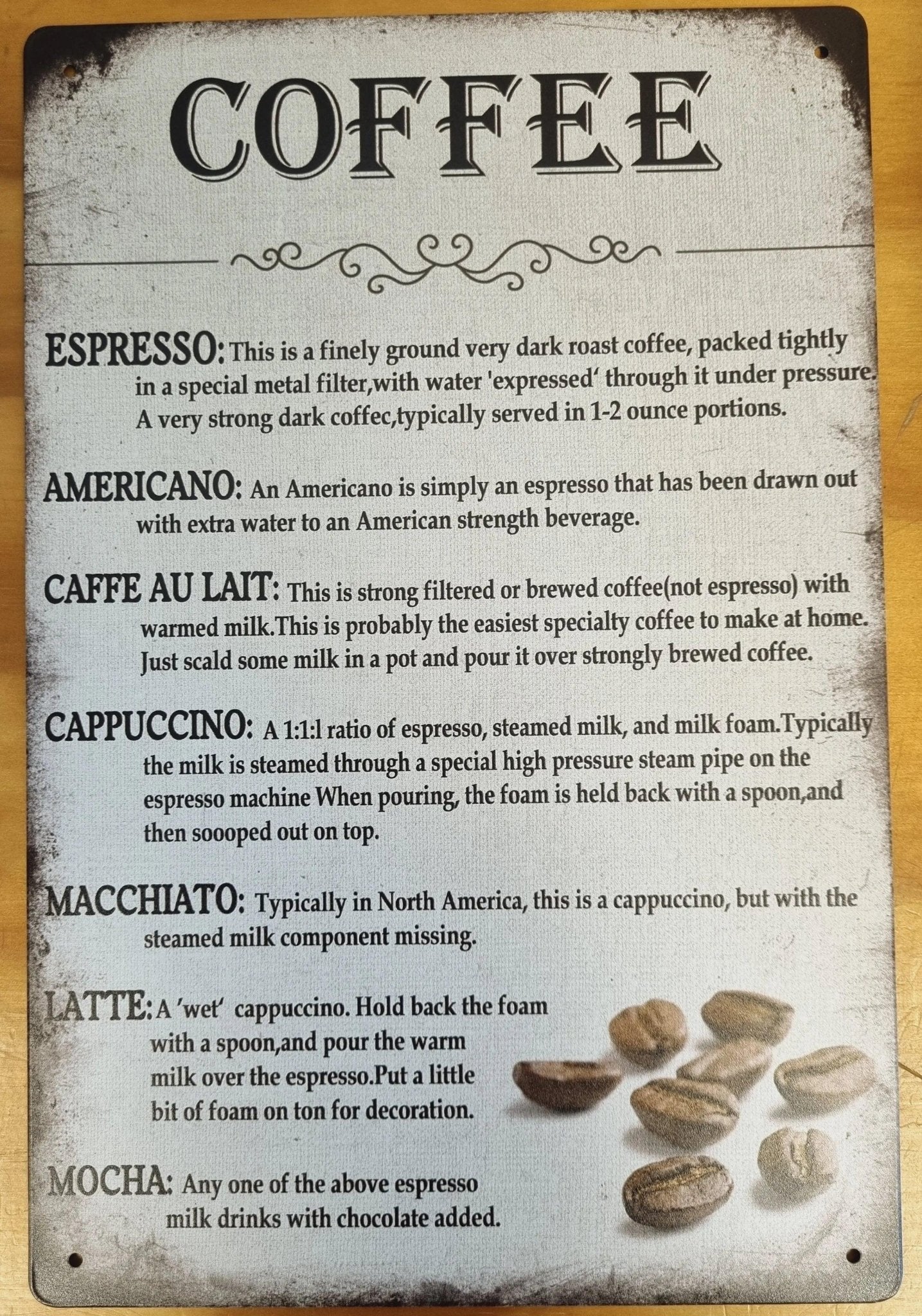 COFFEE Types of Coffee.....Tin Sign-Every coffee you love 30cm x 20cm *-Vintique Concepts