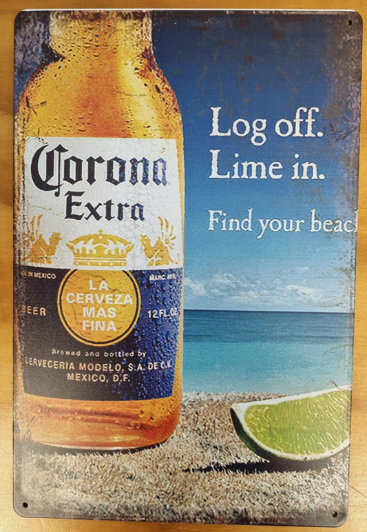 Corona Log Off Lime on...Tin Sign-Find your beach 30cm x 20cm - Vintique Concepts