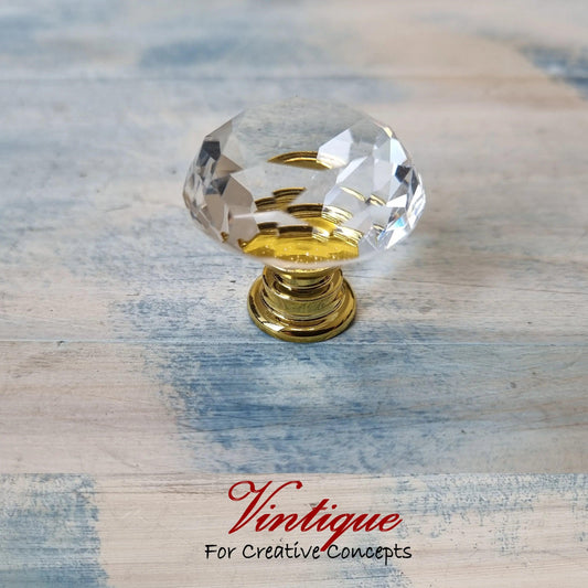 Crystal Glass Cabinet Drawer Knob CLEAR with GOLD Base 30mm Dia - Vintique Concepts