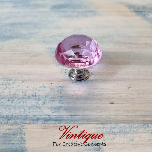 Crystal Glass Cabinet Drawer Knob ROSE with Chrome Base 30mm Dia - Vintique Concepts