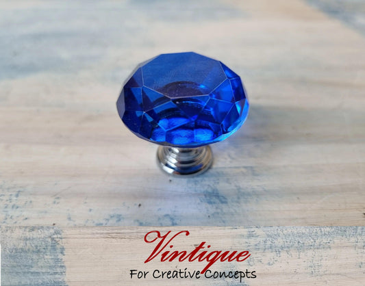 Crystal Glass Cabinet Drawer Knob Sapphire Blue with Chrome Base 30mm Dia - Vintique Concepts
