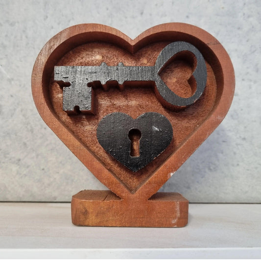 Deep Carved Pine"Lock and Key"  Mantle Heart - Vintique Concepts