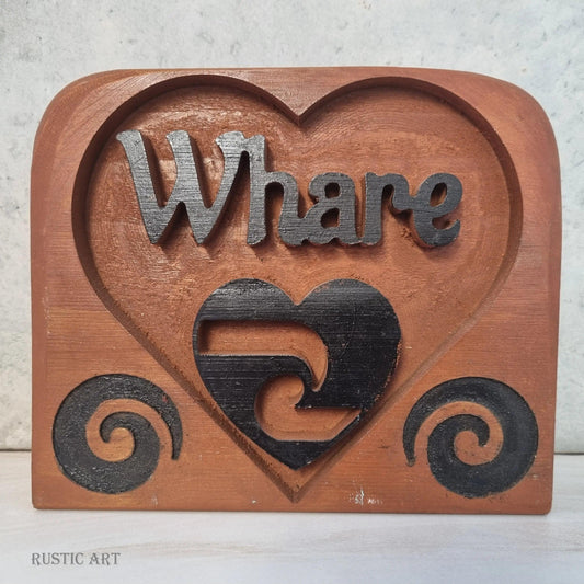 Deep Carved wooden Pine"WHARE"  Mantle Heart - Vintique Concepts