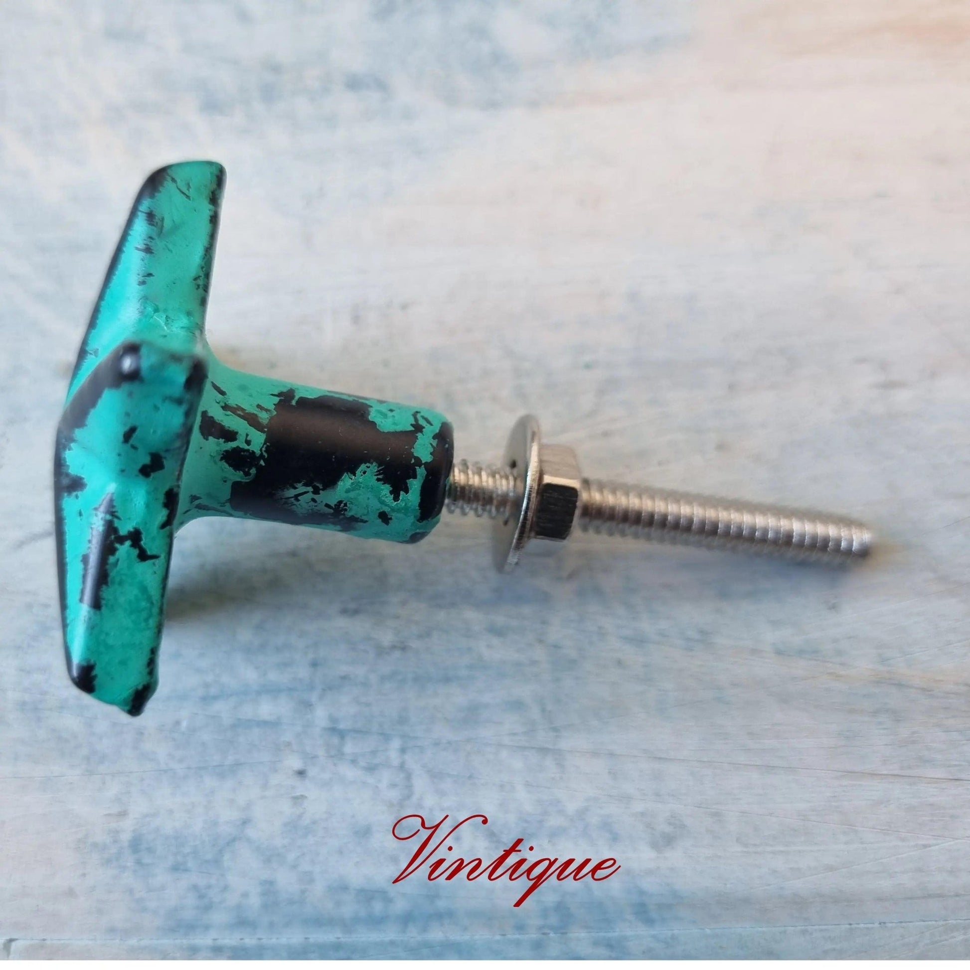 Distressed Aqua Green Star Cast Iron cupboard Knob 39mm x 39mm-Vintique Concepts