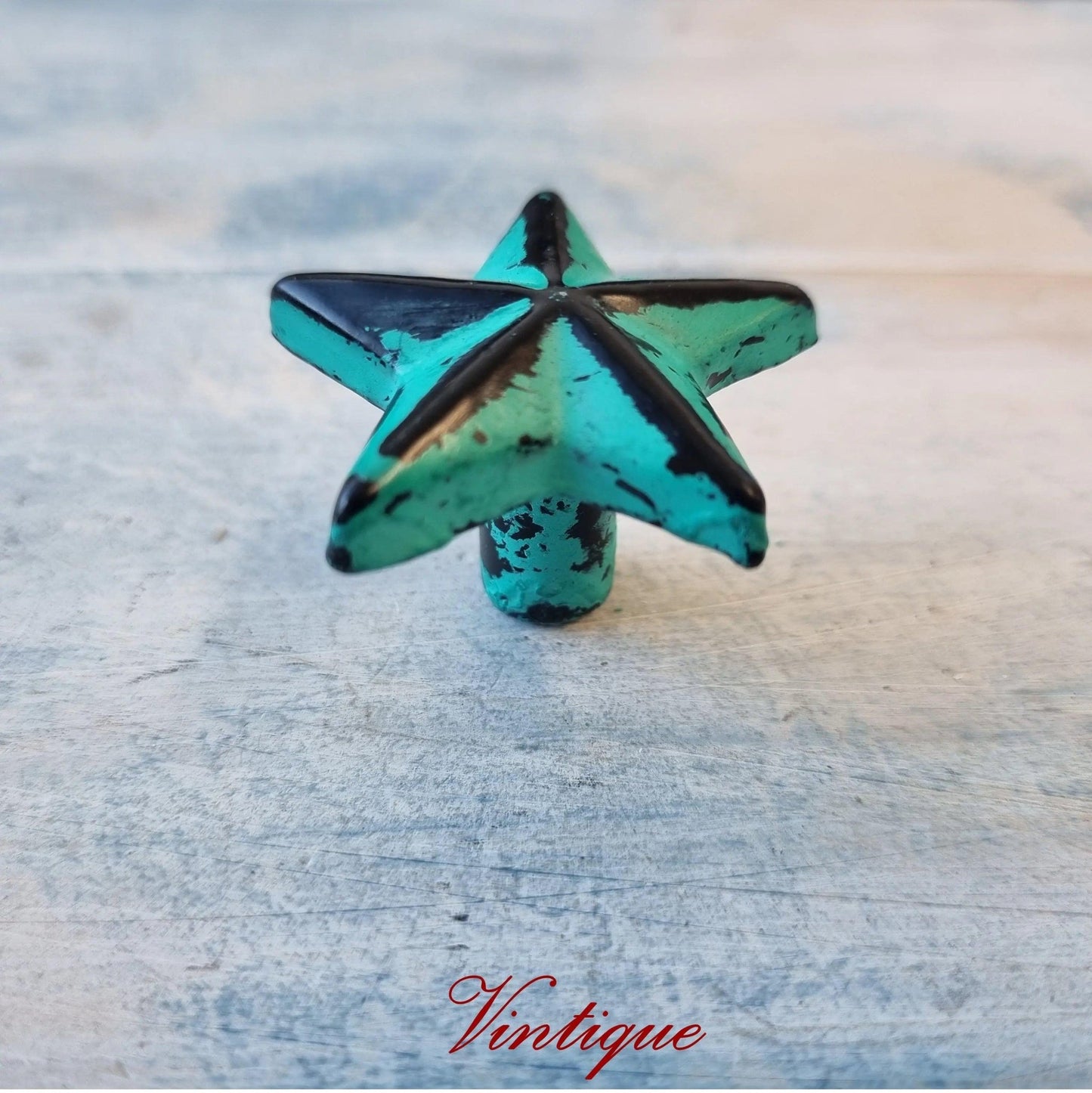 Distressed Aqua Green Star Cast Iron cupboard Knob 39mm x 39mm-Vintique Concepts