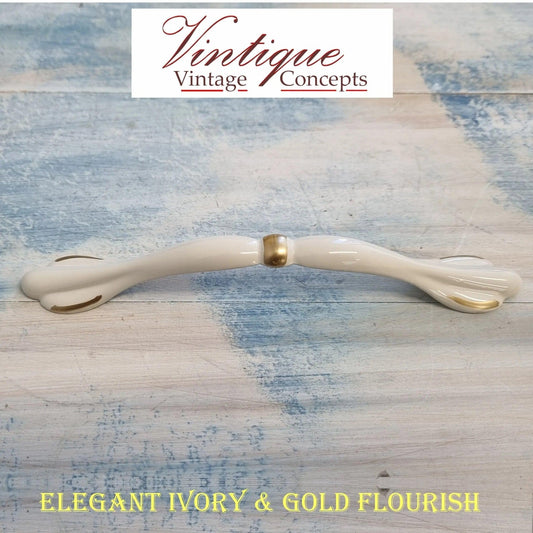 Elegant Ivory / Gold with Flourish Drawer handle 158mm long - Vintique Concepts