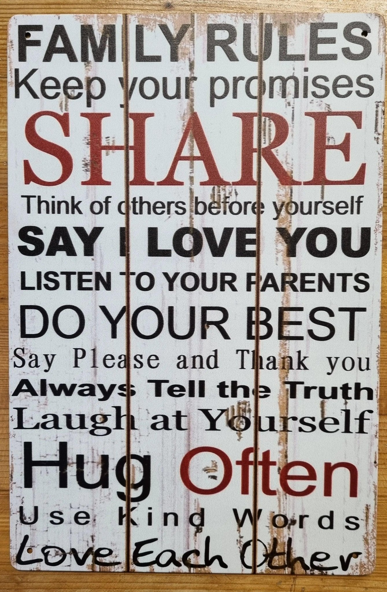 FAMILY RULES (white,red & Black)....inspirational Tin Sign-30cm x 20cm *-Vintique Concepts