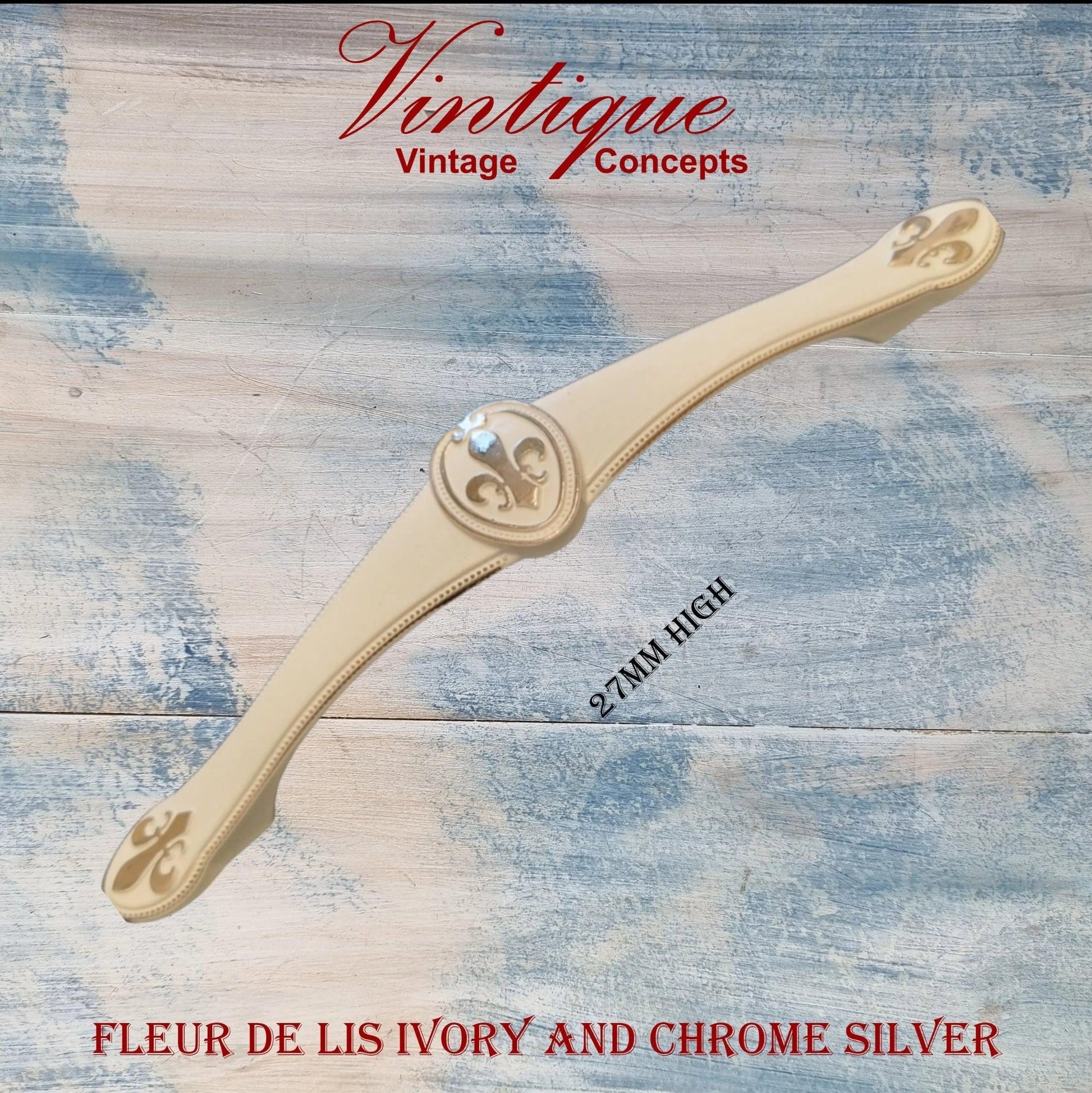 Fleur de Lis Ivory with Chrome silver Drawer handle 180mm long - Vintique Concepts