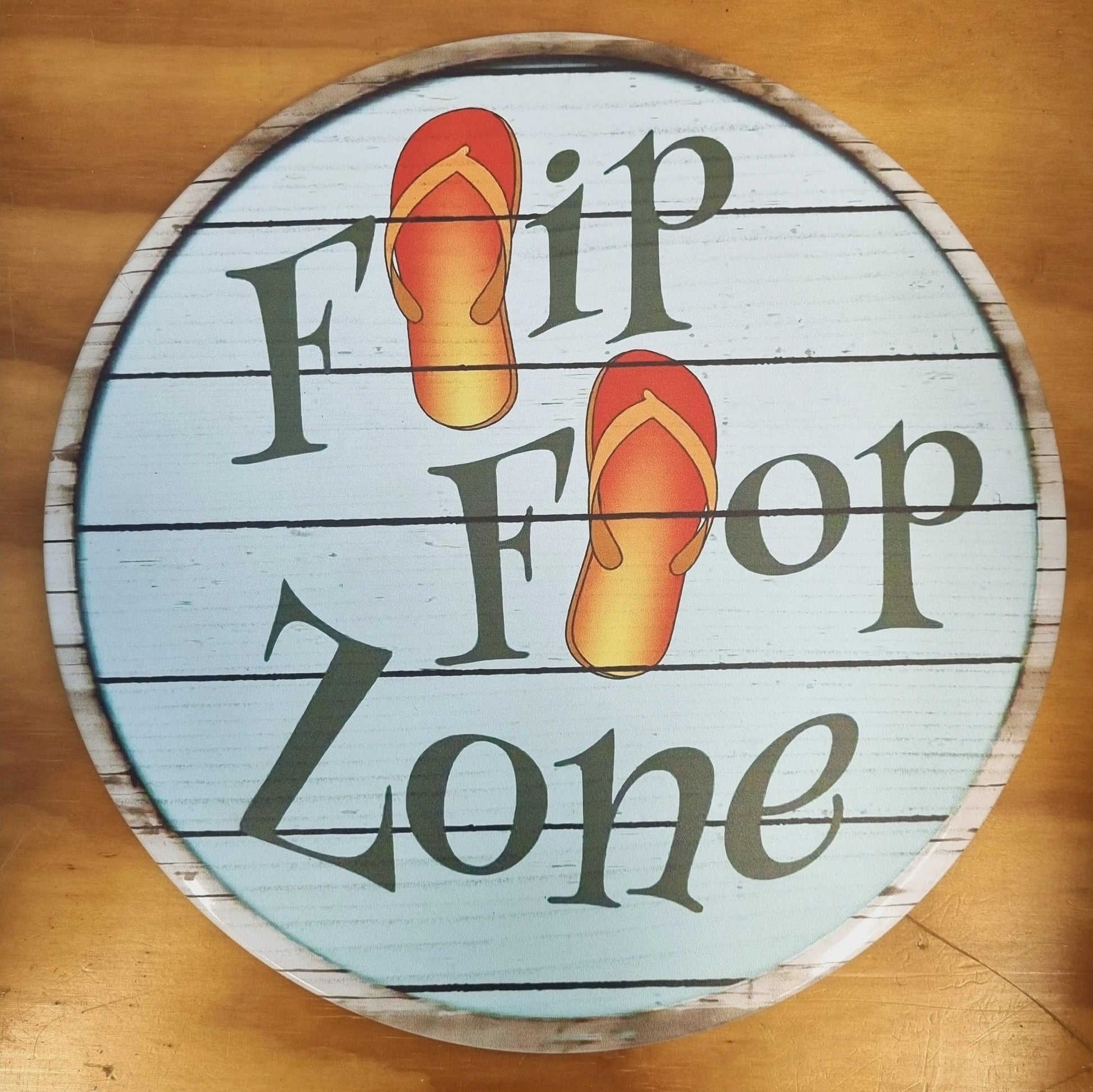 Flip Flop Zone -Round beach Tin Sign-30cm dia-Vintique Concepts