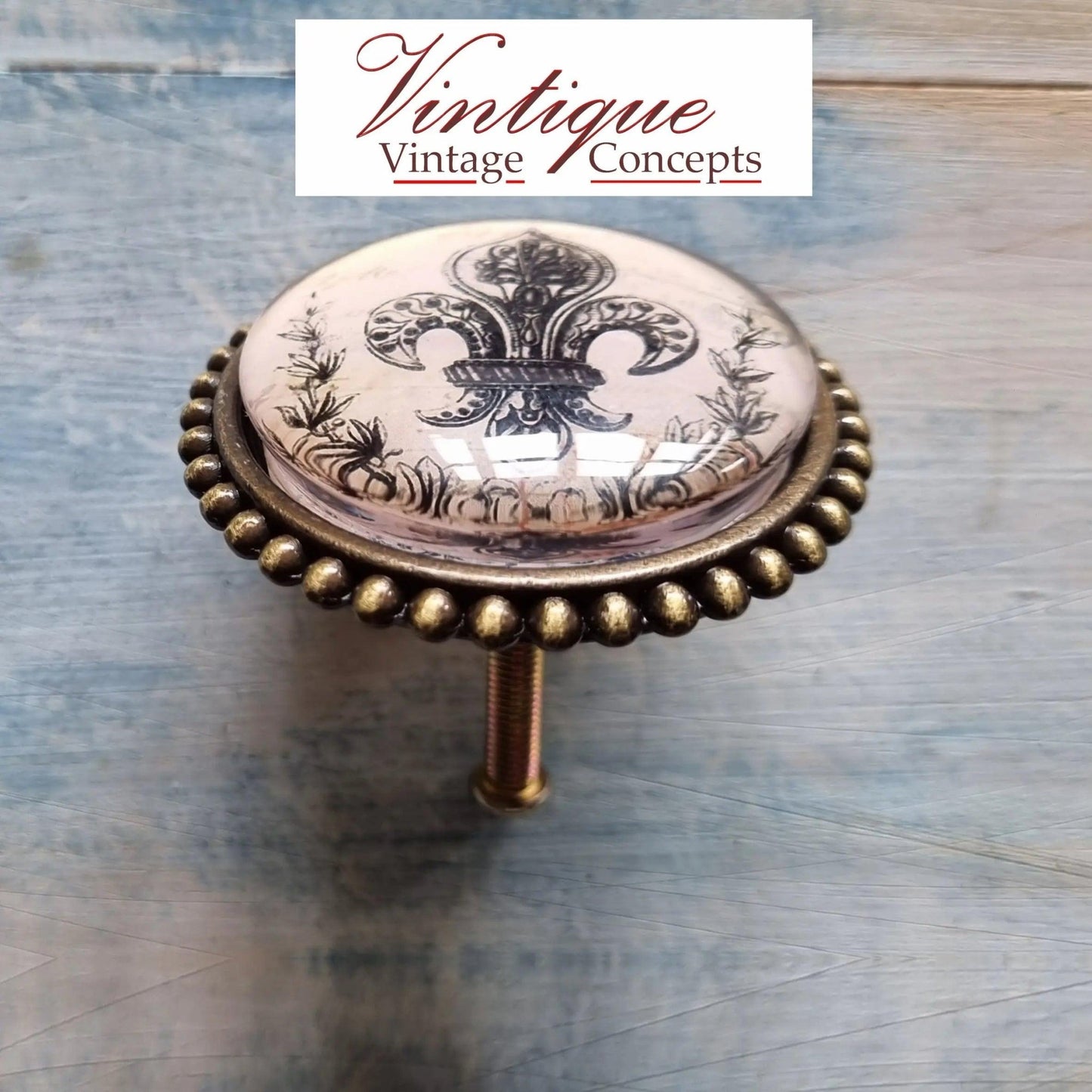 French series Vintage Glass/Zinc Alloy Gold Knob 54mm Fleur De Lis-Vintique Concepts