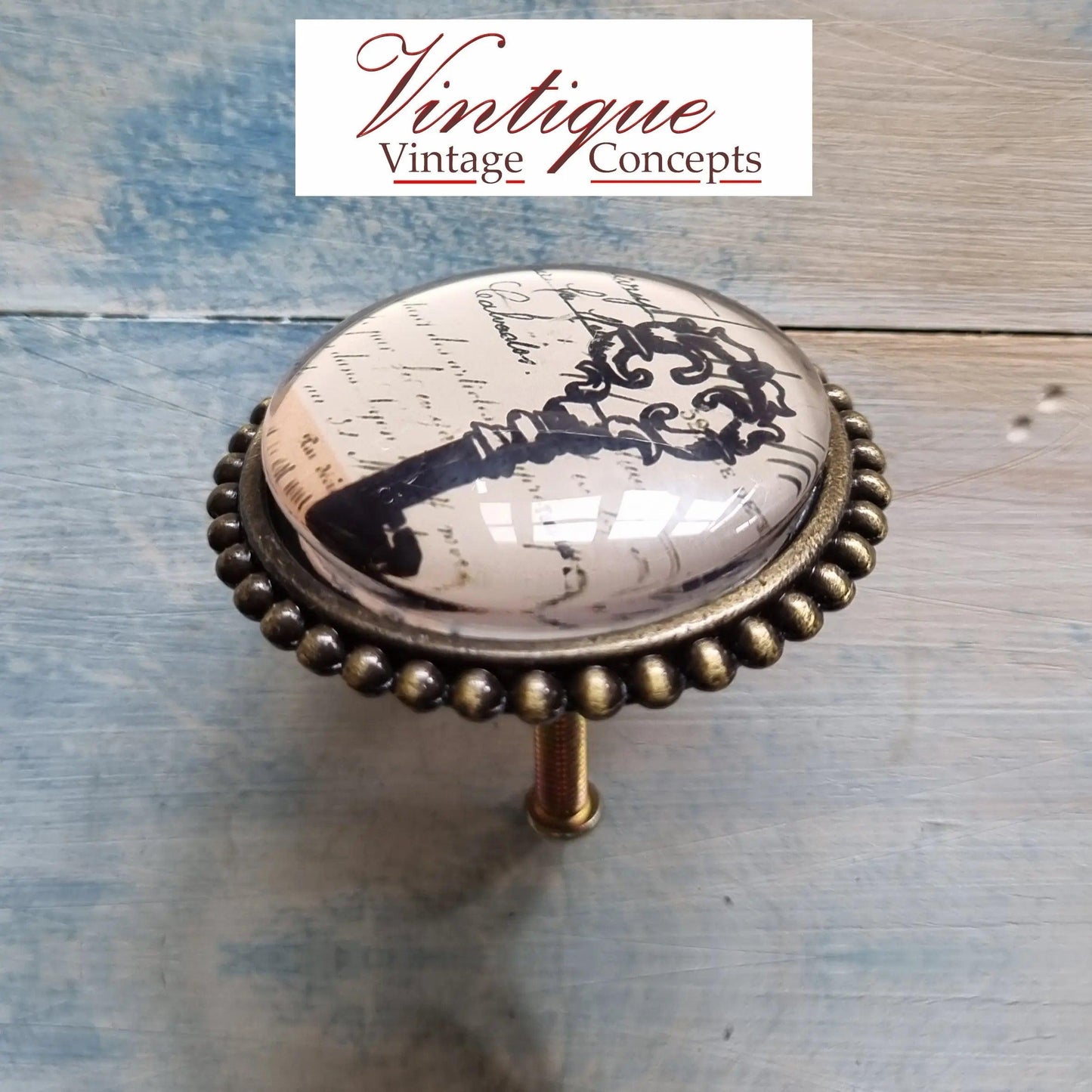 French series Vintage Glass/Zinc Alloy Gold Knob 54mm old key - Vintique Concepts