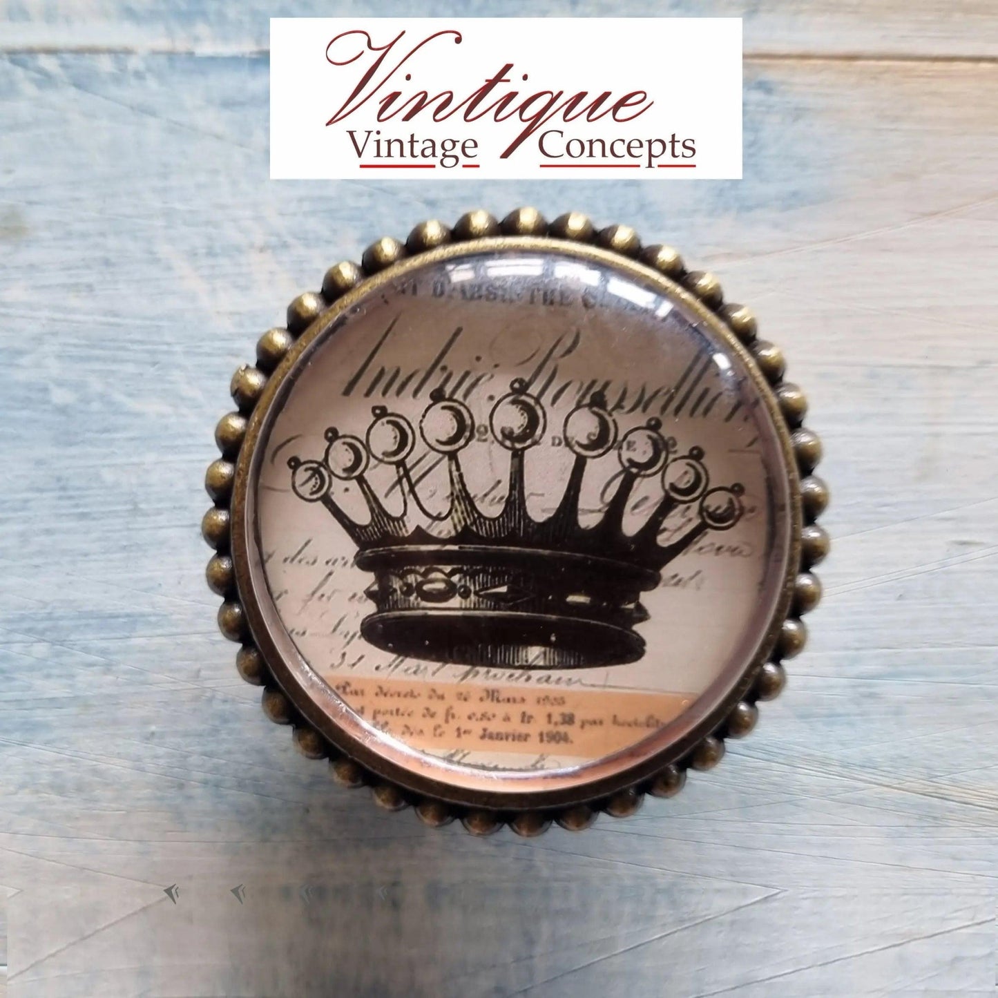 French series Vintage Glass/Zinc Alloy Gold Knob 54mm Royal Crown - Vintique Concepts