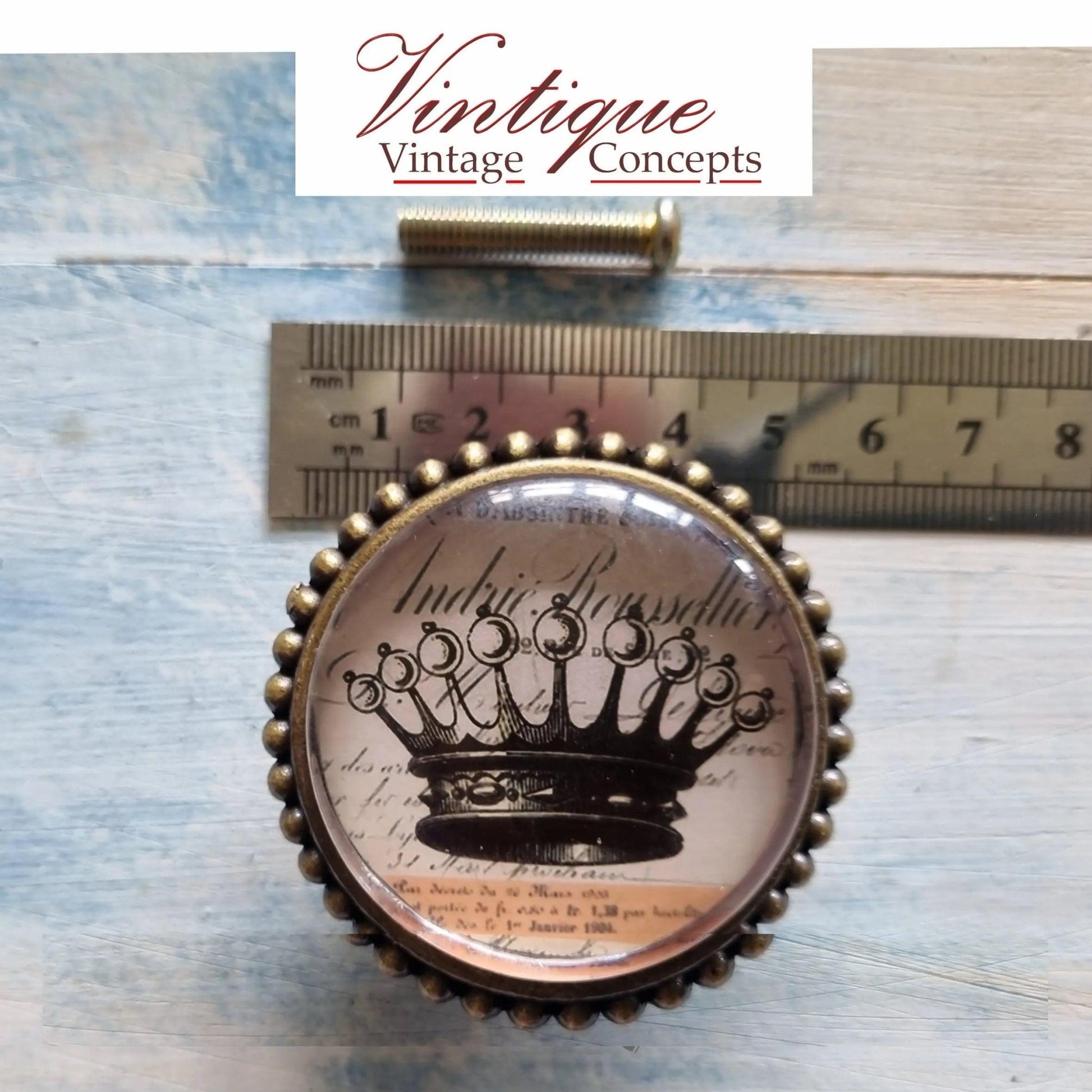 French series Vintage Glass/Zinc Alloy Gold Knob 54mm Royal Crown - Vintique Concepts