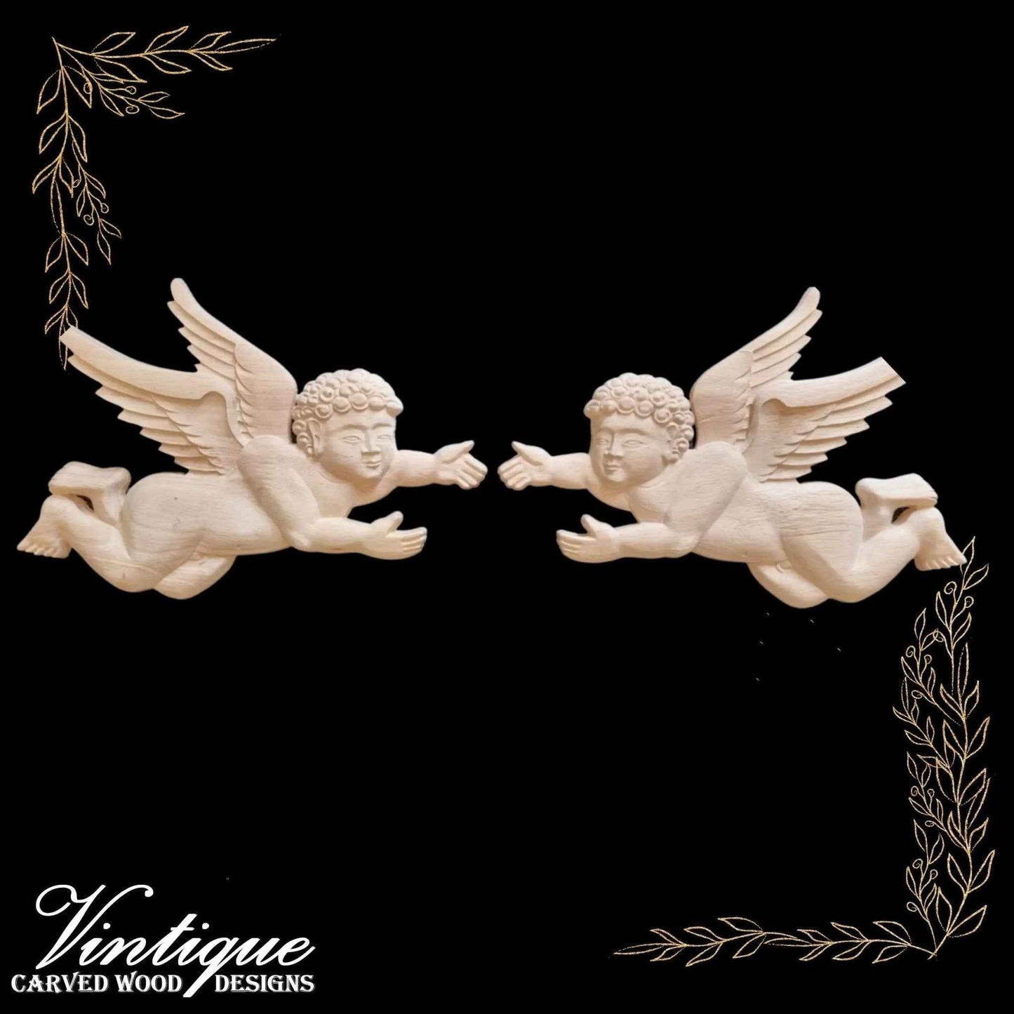 Guardian Angels (pair) carved Wooden Applique left & right( 30cm x 20cm each angel)