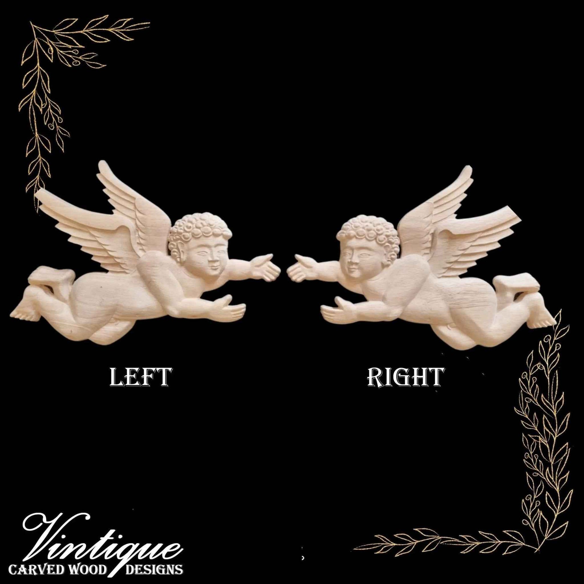 Guardian Angels (pair) carved Wooden Applique left & right( 30cm x 20cm each angel)