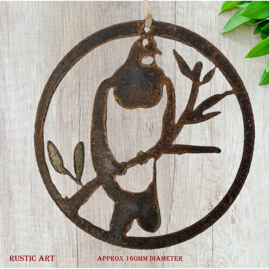 Hanging Rusty Metal Bird KERERU in  circle approx 160mm in dia - Vintique Concepts