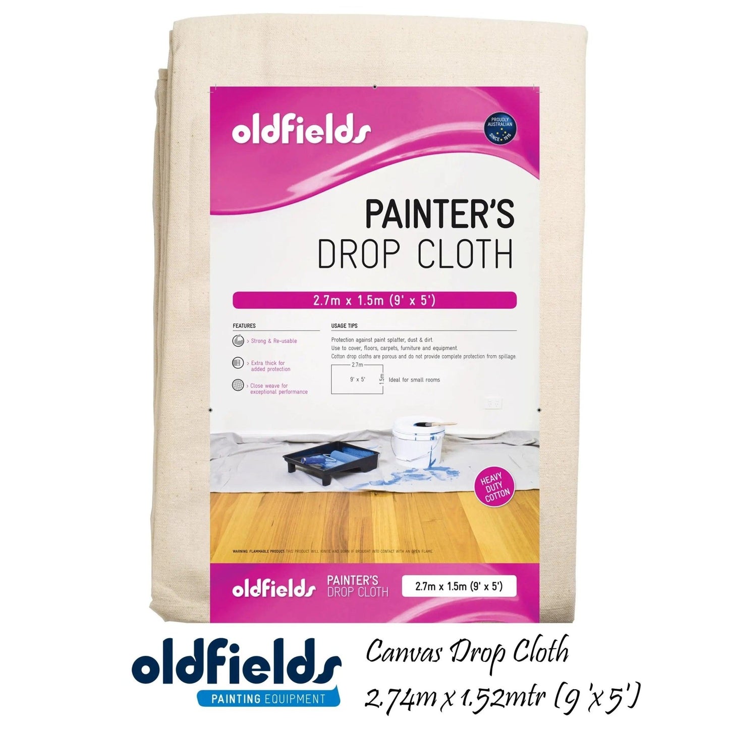 Heavy Duty Canvas Drop Sheet 9' x 5' (2.74mtr x 1.52mtr) from Oldfields-Vintique Concepts