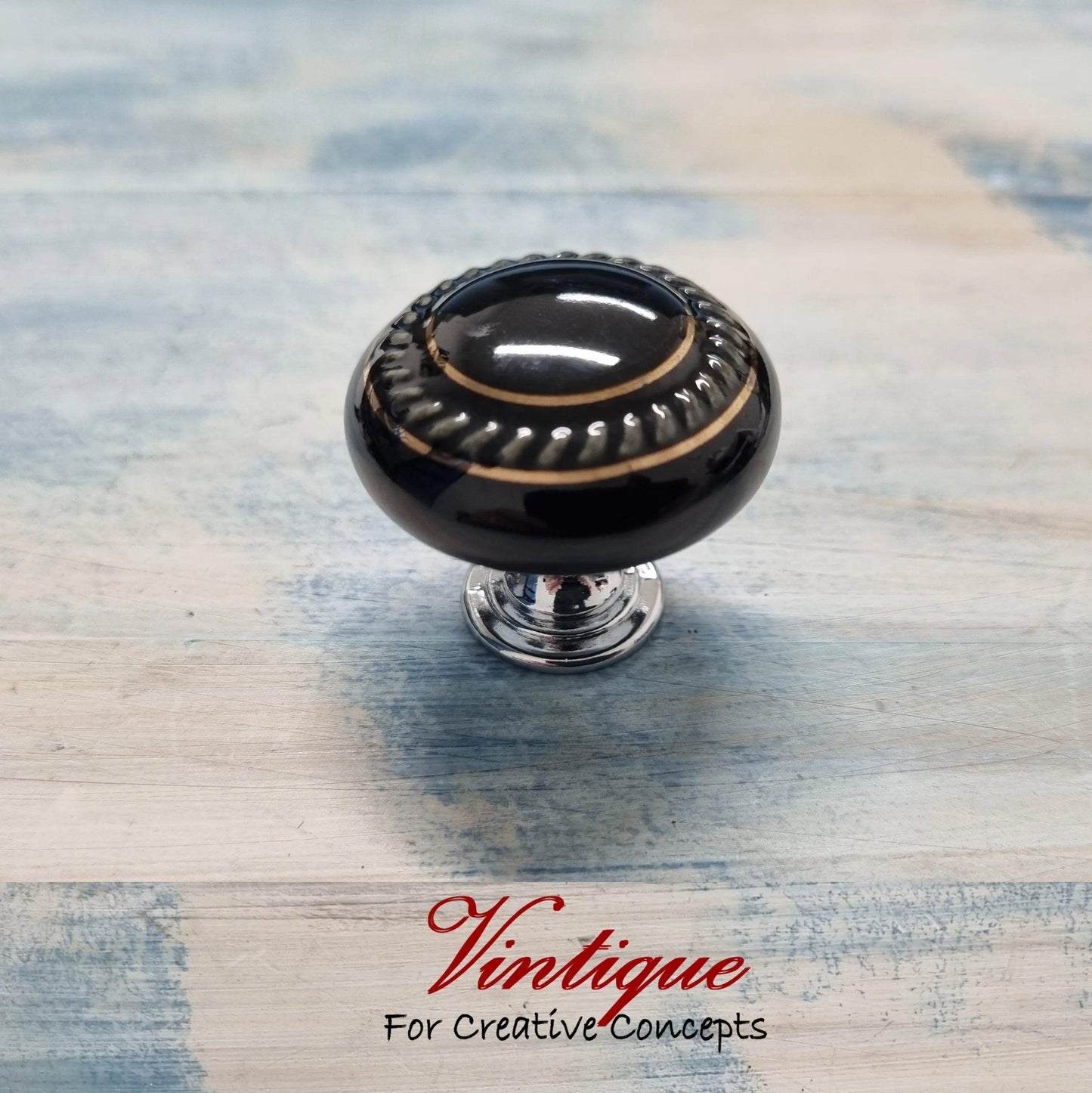 ITALIA Ceramic Cabinet Drawer Knob Black with Gold inlay 35mm Dia-Vintique Concepts