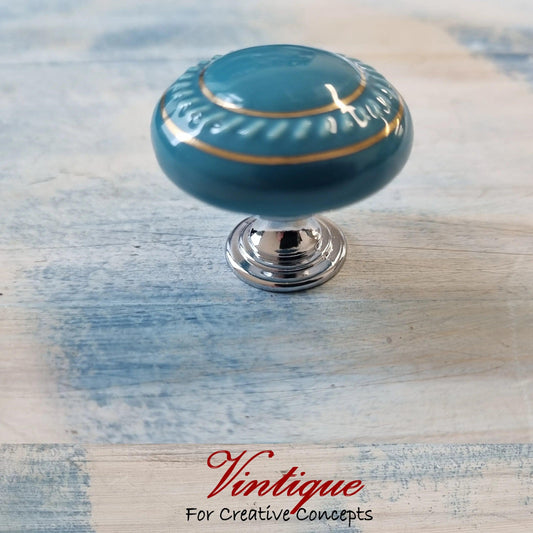 ITALIA Ceramic Cabinet Drawer Knob Blue with Gold inlay 35mm Dia - Vintique Concepts