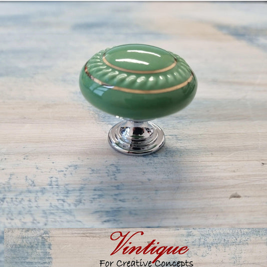 ITALIA Ceramic Cabinet Drawer Knob GREEN with Gold inlay 35mm Dia - Vintique Concepts