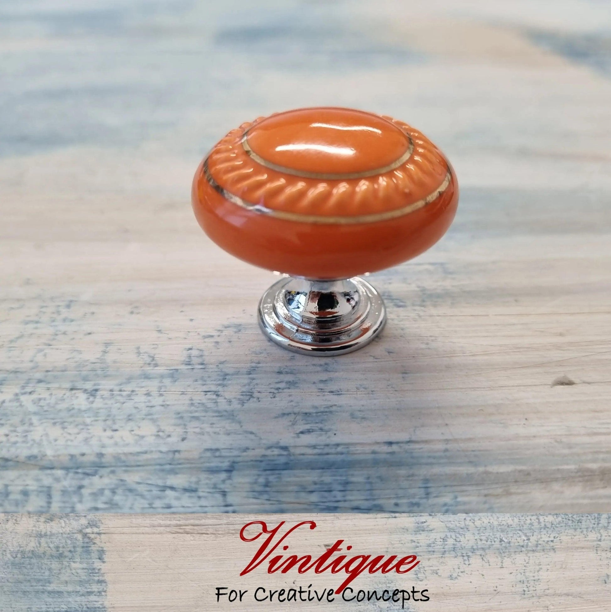 ITALIA Ceramic Cabinet Drawer Knob ORANGE with Gold inlay 35mm Dia-Vintique Concepts