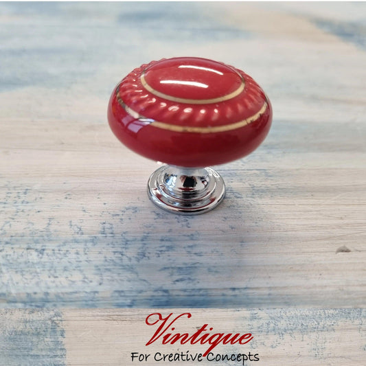 ITALIA Ceramic Cabinet Drawer Knob RED with Gold inlay 35mm Dia - Vintique Concepts