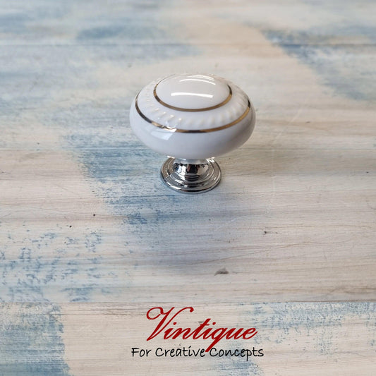 ITALIA Ceramic Cabinet Drawer Knob White with Gold inlay 35mm Dia - Vintique Concepts
