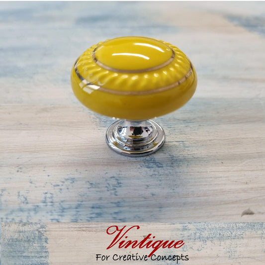 ITALIA Ceramic Cabinet Drawer Knob pull  YELLOW with Gold inlay 35mm Dia - Vintique Concepts