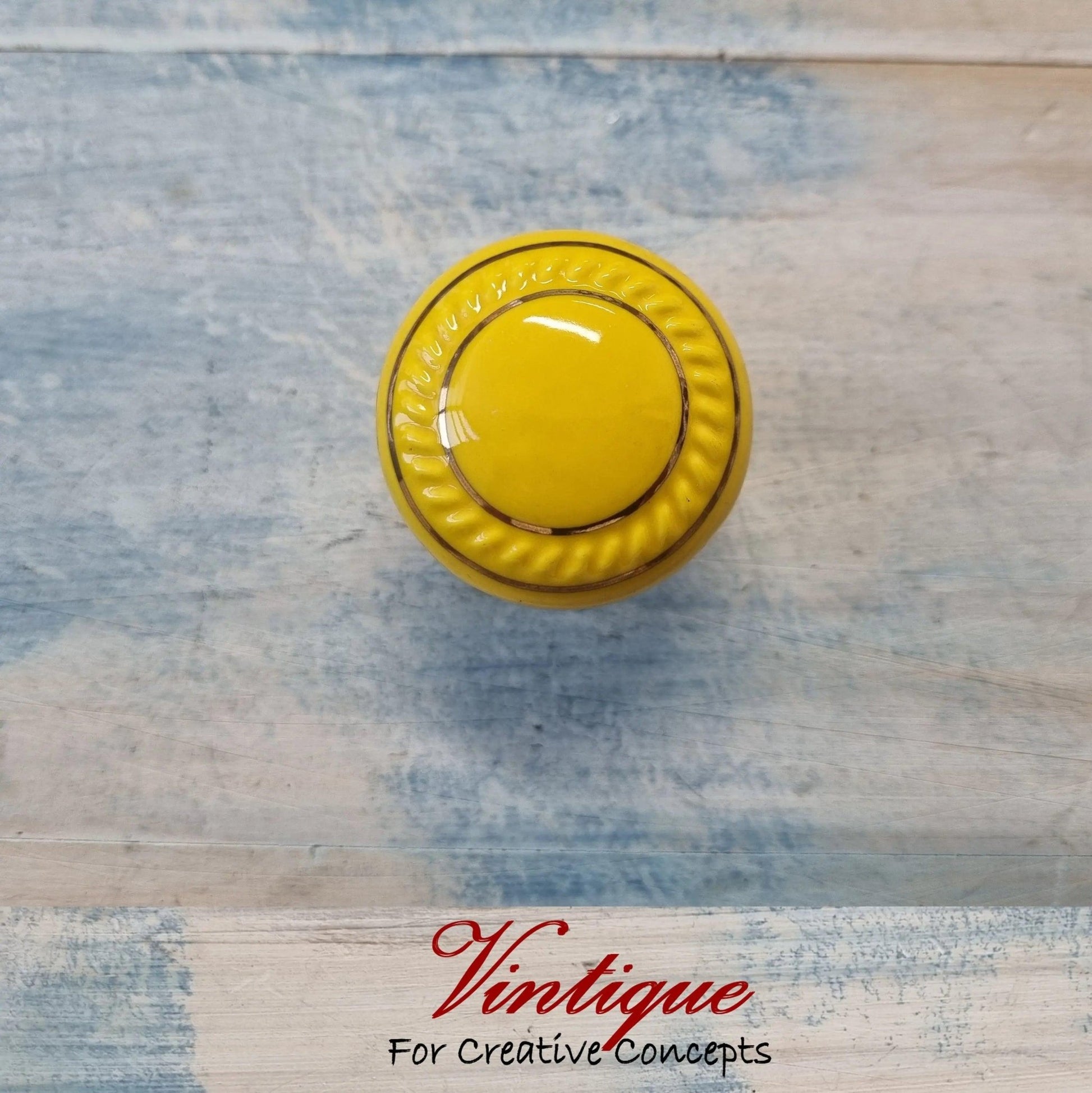 ITALIA Ceramic Cabinet Drawer Knob YELLOW with Gold inlay 35mm Dia - Vintique Concepts