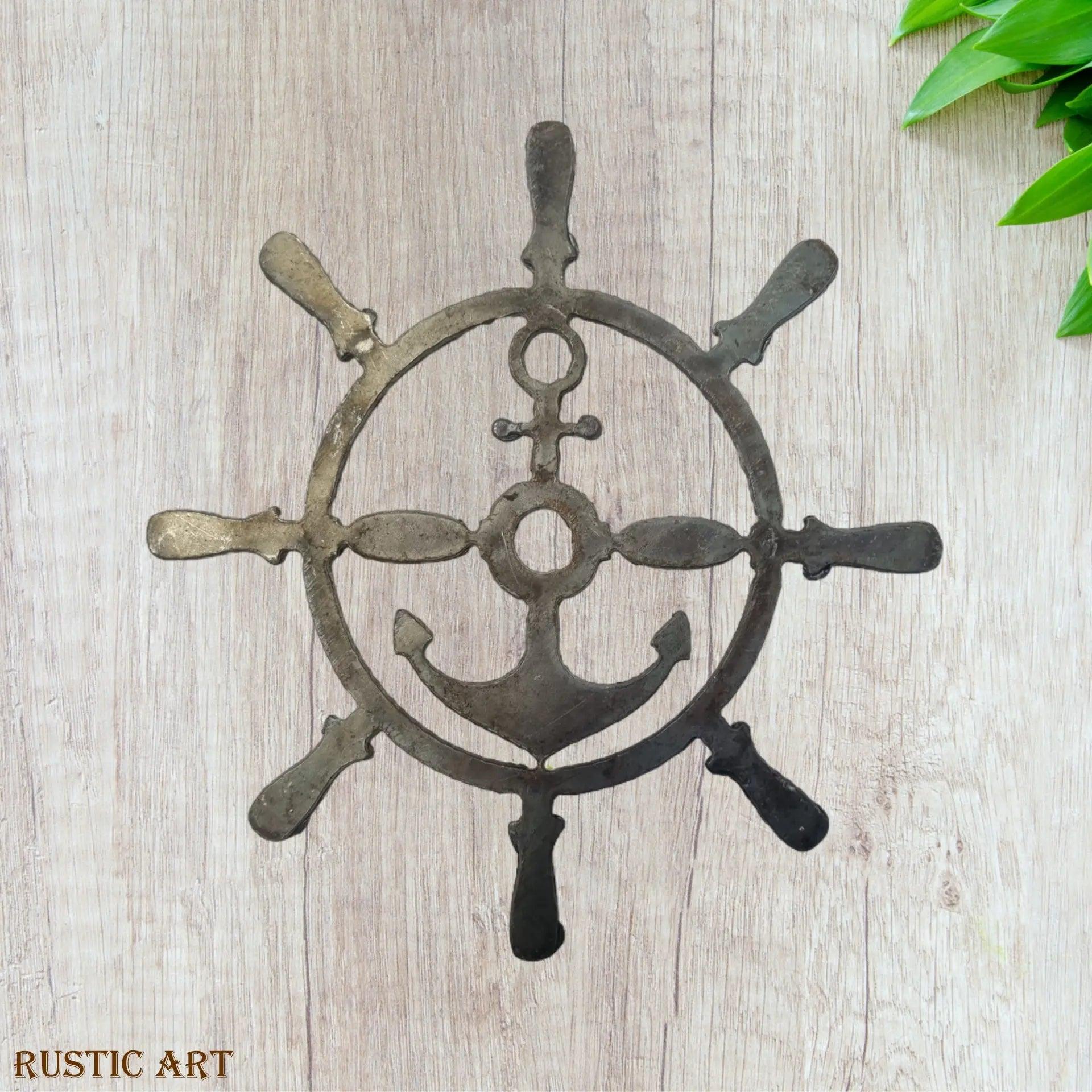 Jumbo Anchor & Ships wheel - Corten Rusty large hanging metal art 410mm dia - Vintique Concepts