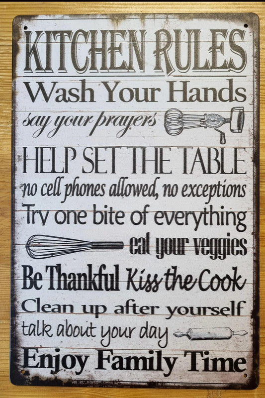 KITCHEN RULES.....Inspirational Tin Sign-30cm x 20cm - Vintique Concepts