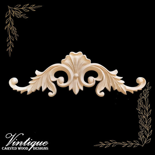 Leafy Scallop carved wood Centre Applique 30cm x 8cm - Vintique Concepts