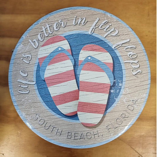 Life is better in Flip Flops -Round beach Tin Sign-30cm dia-Vintique Concepts