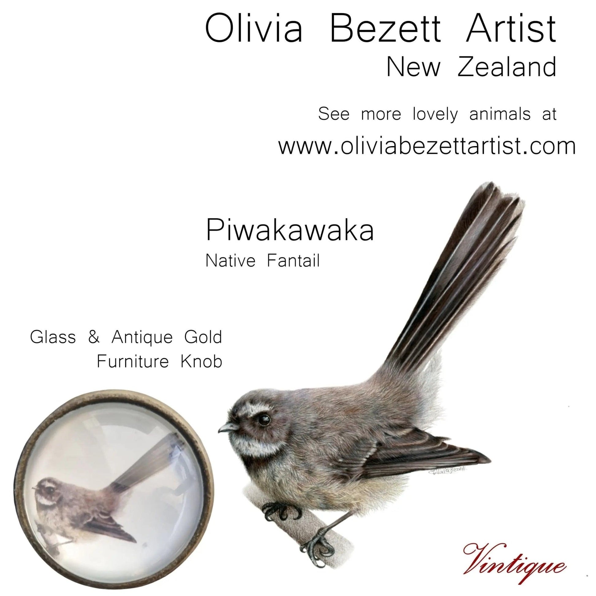 Olivia Bezett's Pīwakawaka (Fantail) Native Bird antique Gold furniture Knob-38mm dia-Vintique Concepts