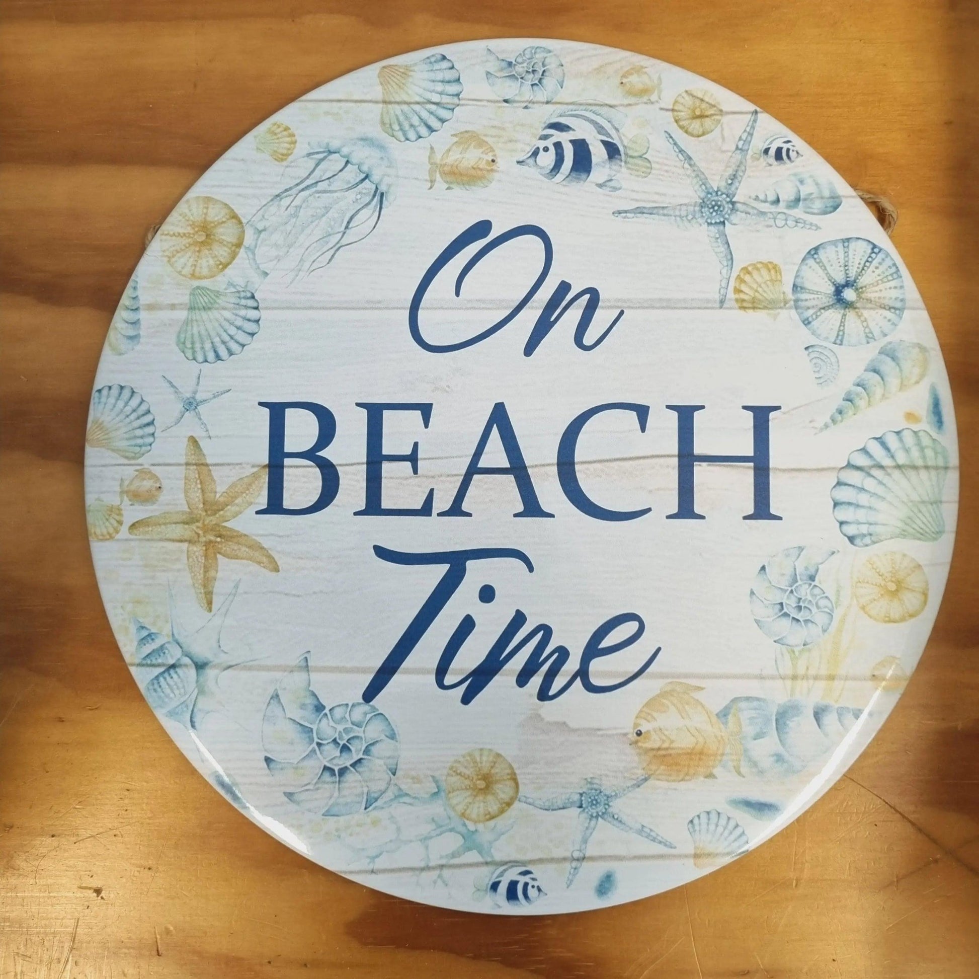 On Beach Time -Round beach Tin Sign-30cm dia-Vintique Concepts