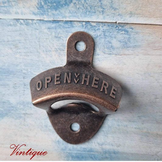 OPEN HERE- RED BRONZE Wall Mounted Vintage Bottle opener for beer bottles etc - Vintique Concepts