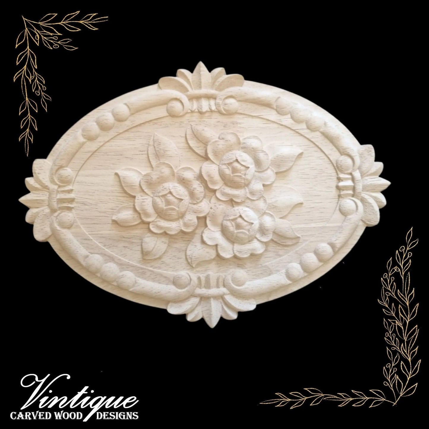 Oval Floral Fleur De Lis Rosette wood applique 18cm x 25cm - Vintique Concepts