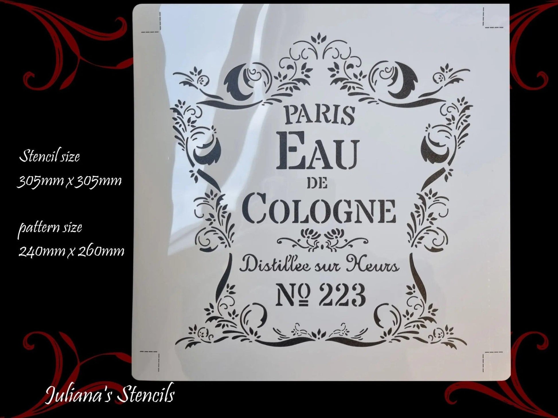 Paris Eau De Cologne furniture paint stencil 305mm x 305mm - Vintique Concepts