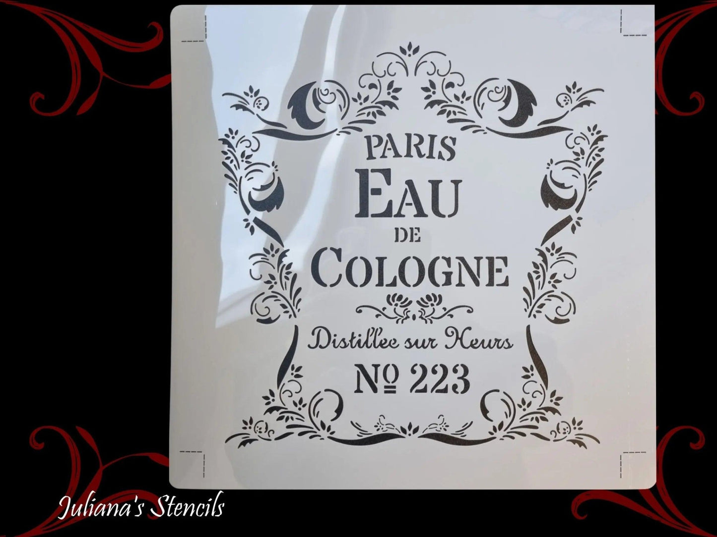 Paris Eau De Cologne furniture paint stencil 305mm x 305mm - Vintique Concepts