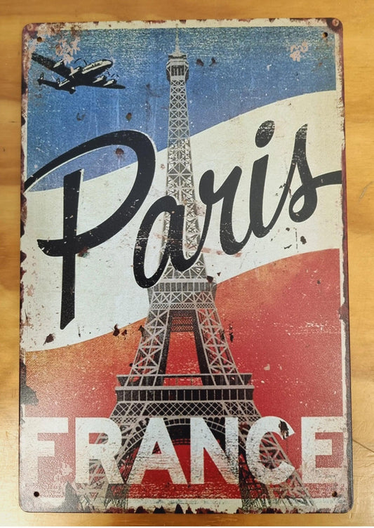 Paris FRANCE with eiffel tower & plane- Vintage Tin Sign 30cm x 20cm *-Vintique Concepts