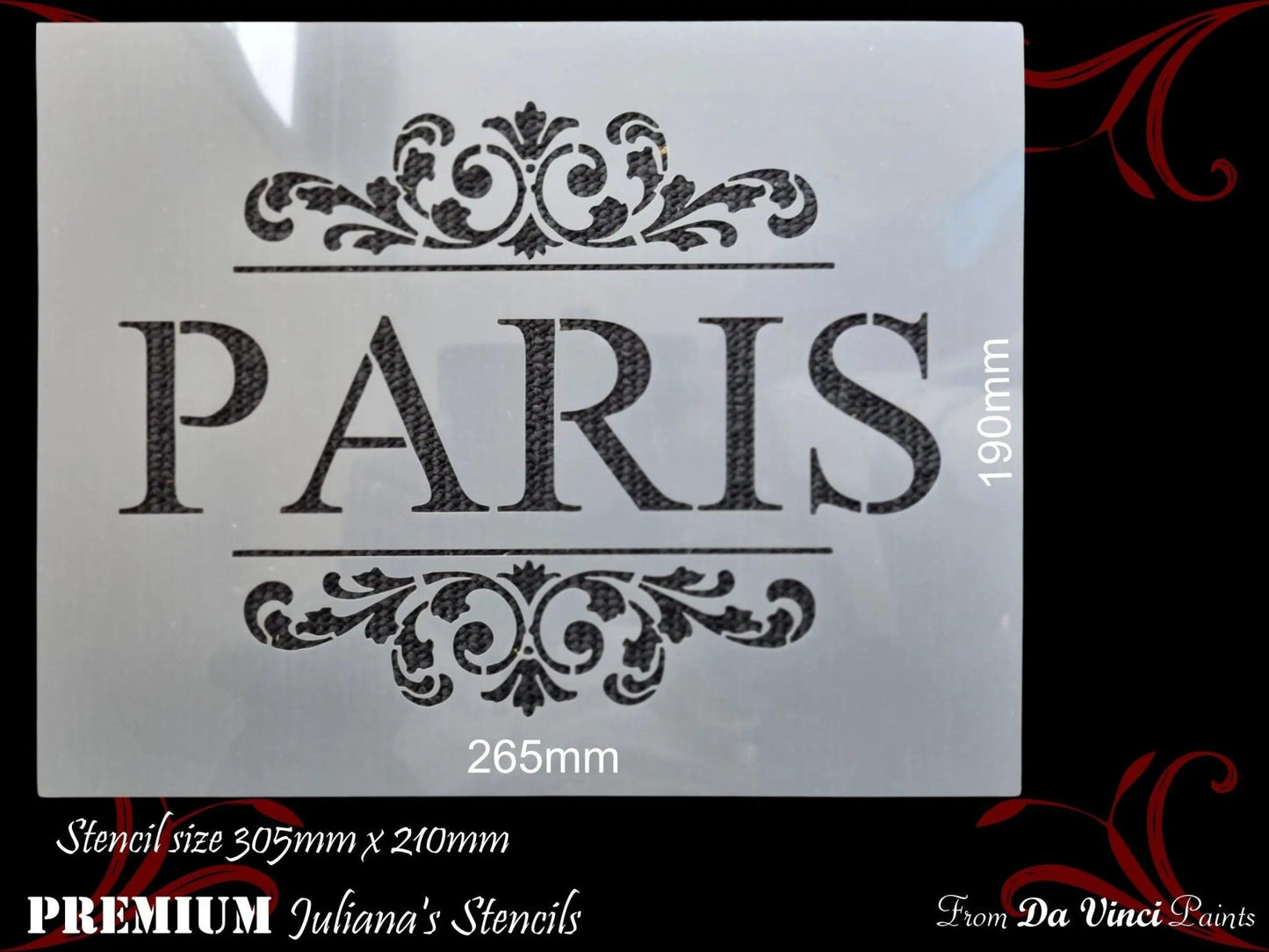 PARIS in ornate scroll furniture premium paint stencil 250mm x 200mm-Vintique Concepts