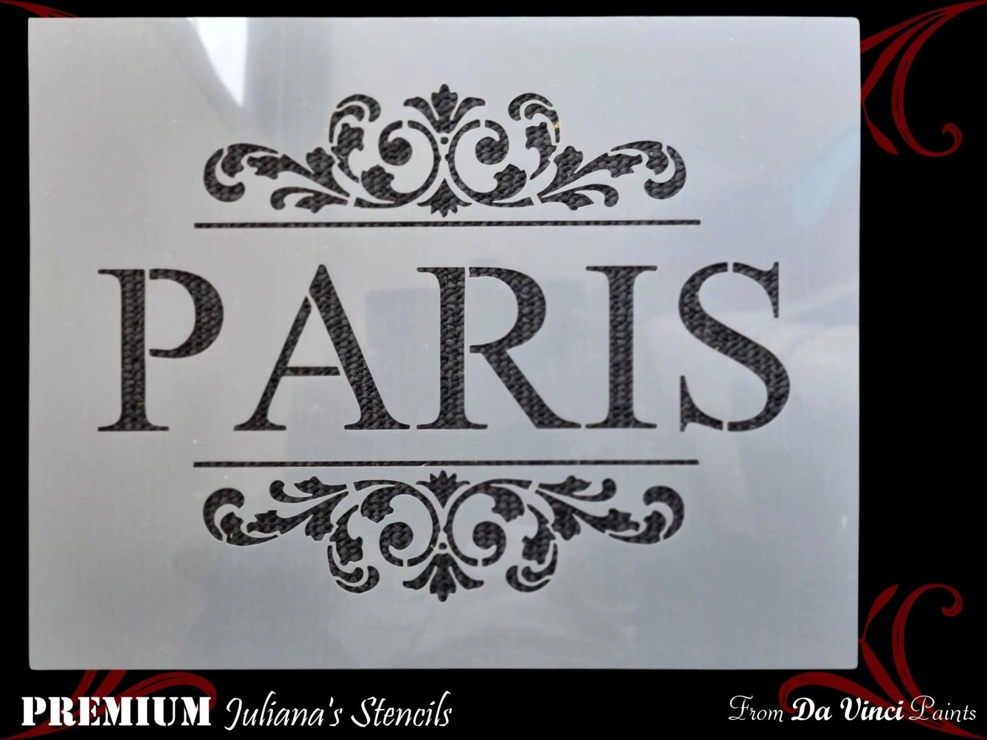 PARIS in ornate scroll furniture premium paint stencil 250mm x 200mm-Vintique Concepts