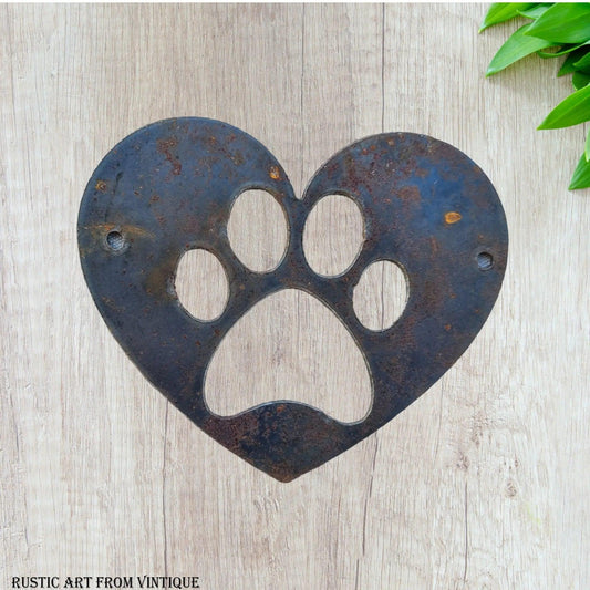 Paw Print in love heart  Rusty metal 160mm x 160mm-Vintique Concepts