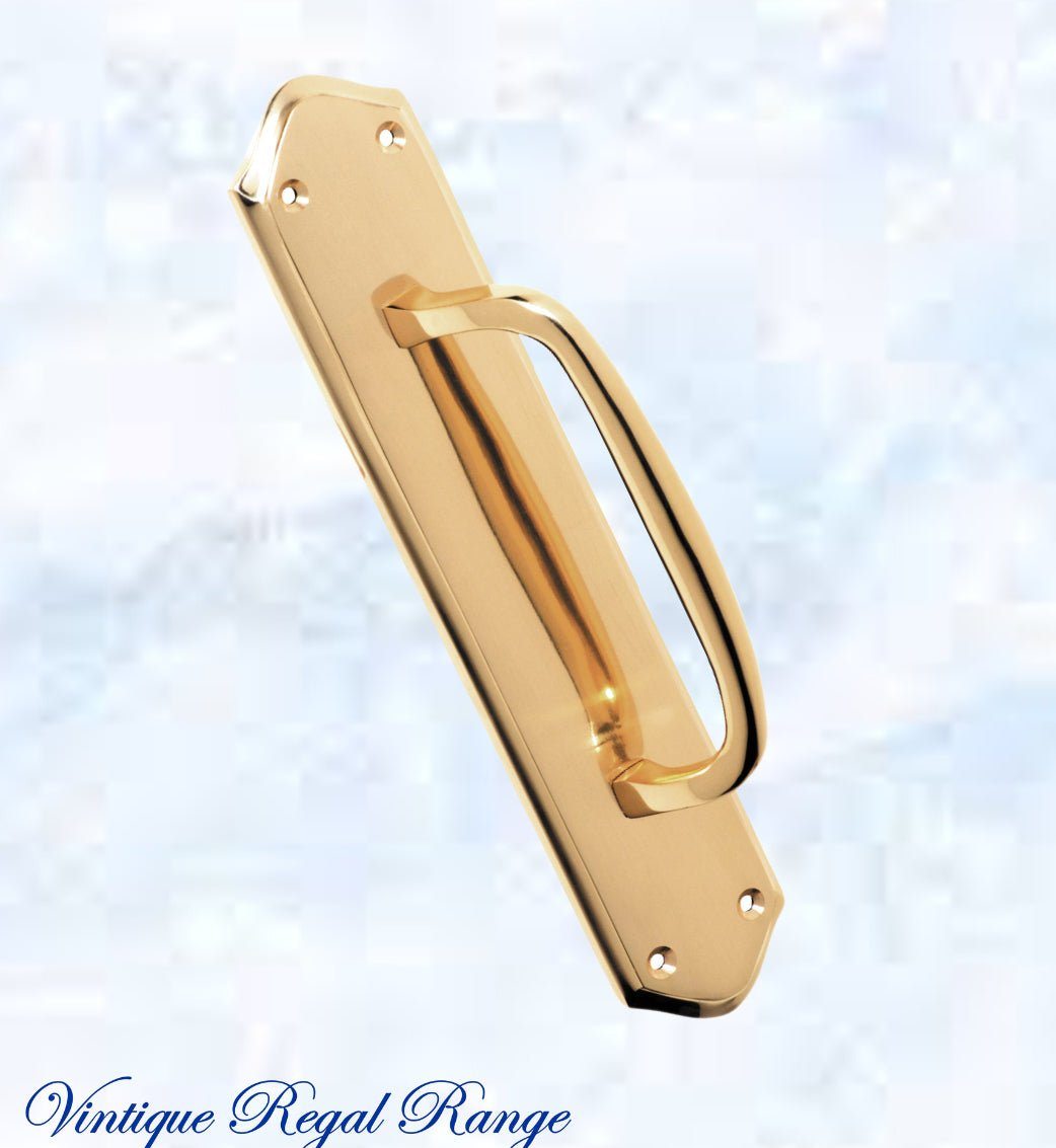 polished brass retro offset pull handle w/backplate -250x50mm-Vintique Concepts