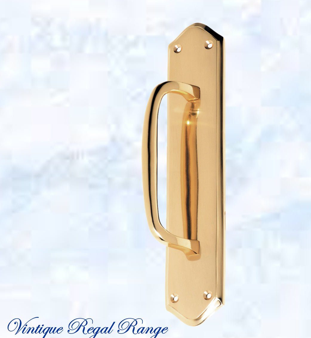 polished brass retro offset pull handle w/backplate -250x50mm-Vintique Concepts