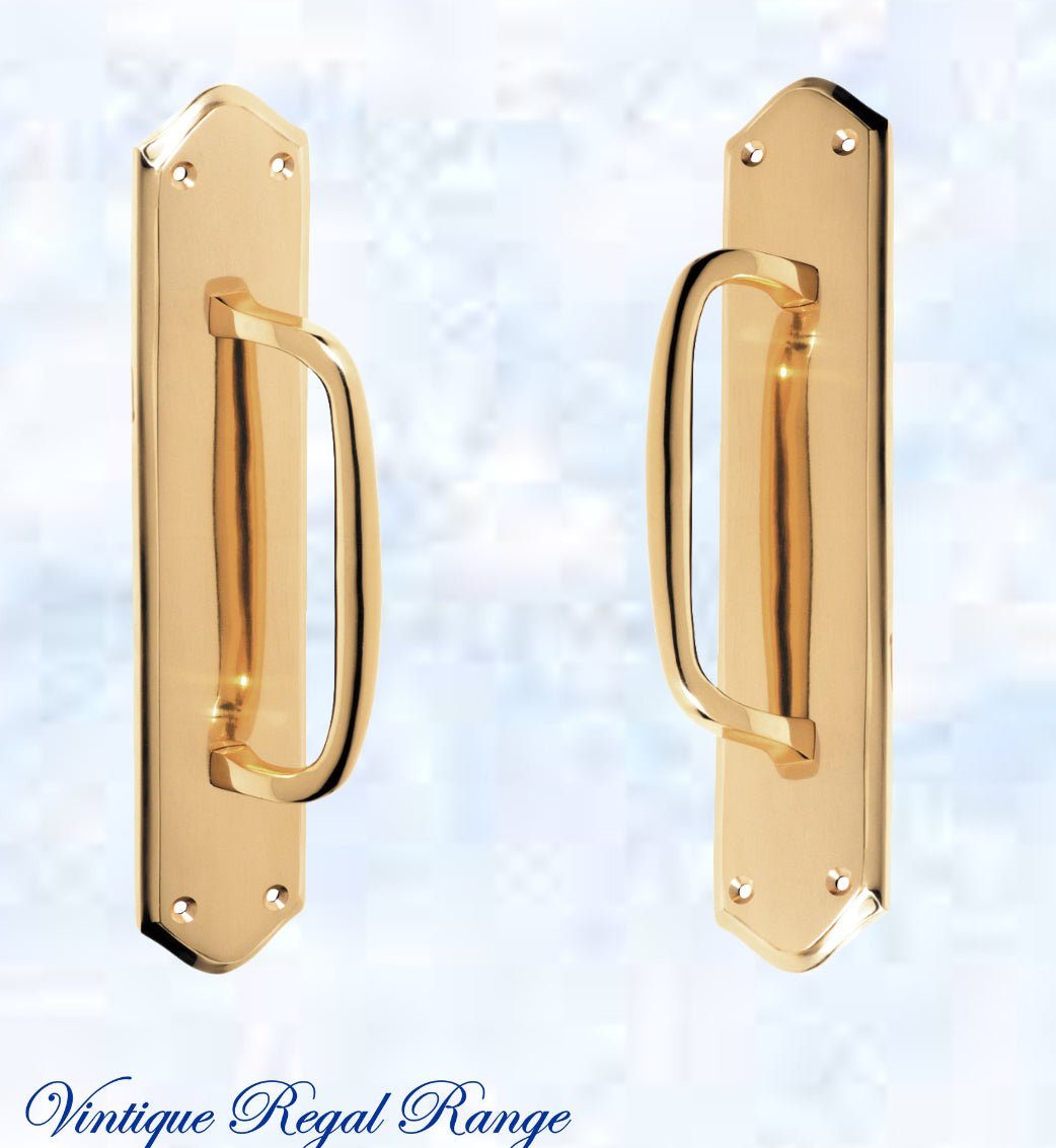 polished brass retro offset pull handle w/backplate -250x50mm-Vintique Concepts