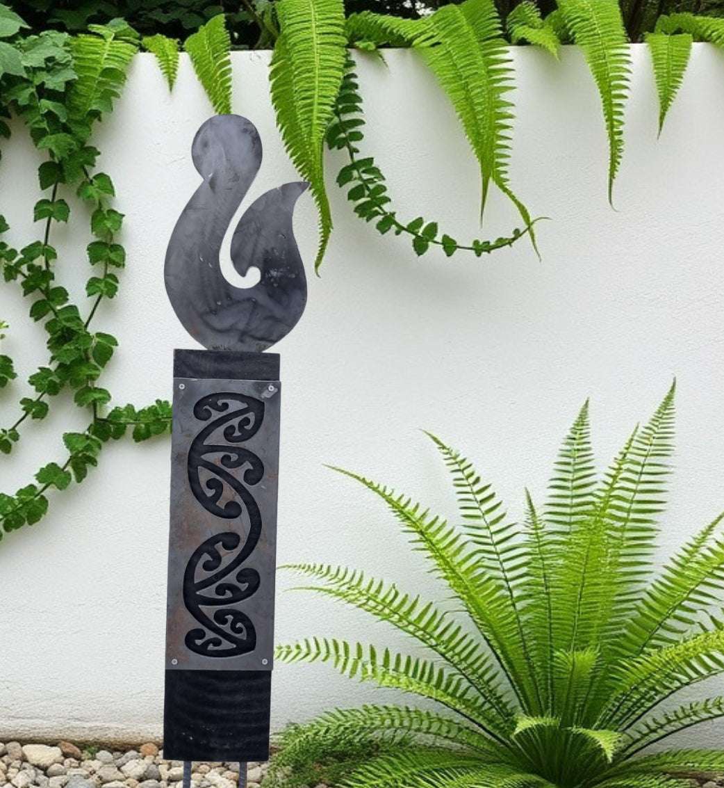 Corten NZ Hei Matau (Hook) on Black stained Post- Garden Art-Vintique Concepts