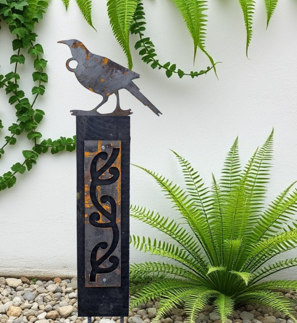 Corten Tui (NZ Song Bird) on Black stained Post-Garden Art-Vintique Concepts