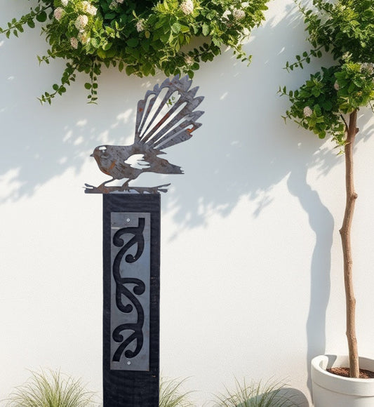 Corten Pīwakawaka (NZ fantail)on Black stained Post-Garden Art-Vintique Concepts